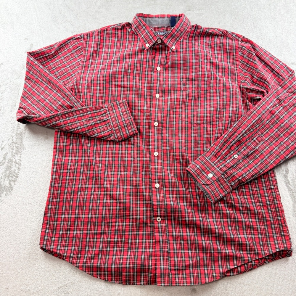 IZOD Men's XL Red Plaid Long Sleeve Button Down Shirt Casual
